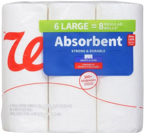 Walgreens Large Paper Towels 6-pack (Equal to 8 Regular Rolls) ONLY $2.51 ($0.31/reg. roll!)